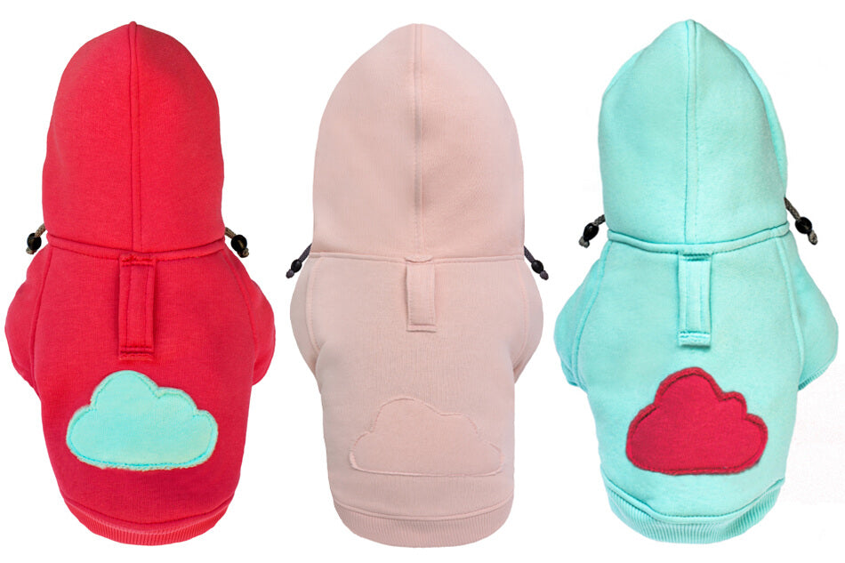 Three different colored Bowl&Bone Republic dog hoodies with clouds on them.