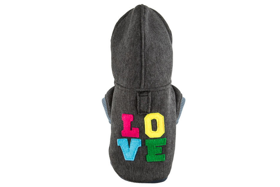 A Bowl&Bone Republic graphite dog hoodie with the word LOVE on it.
