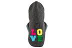 A Bowl&Bone Republic graphite dog hoodie with the word LOVE on it.