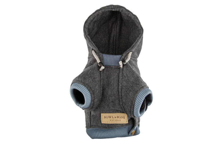 A Bowl&Bone Republic dog hoodie LOVE graphite with blue trim.