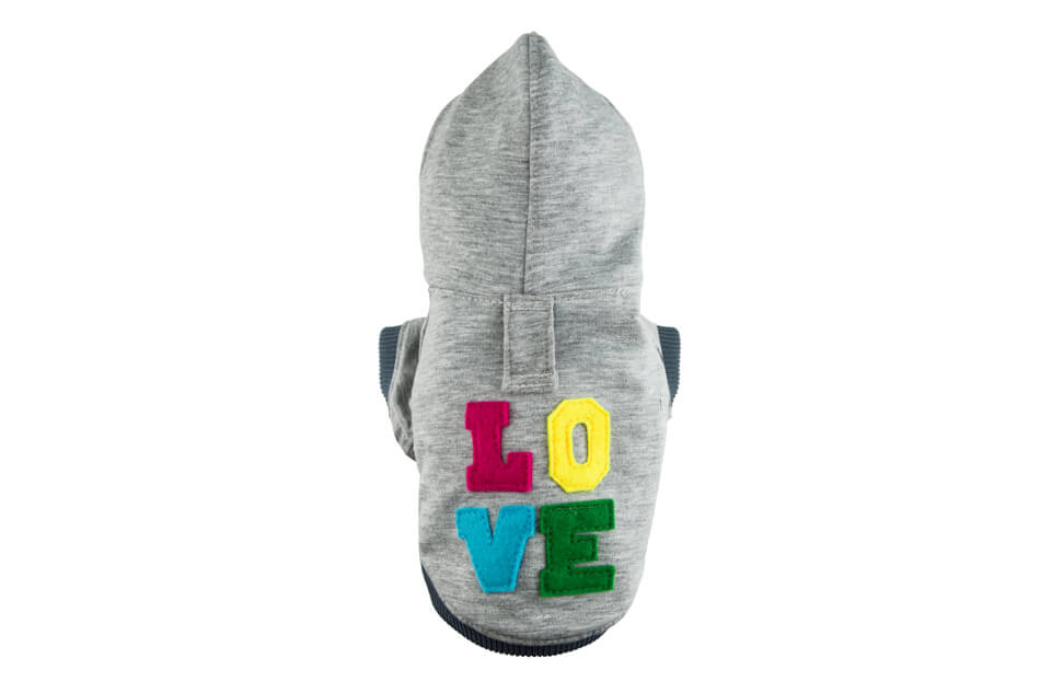 A Bowlandbone Republic dog hoodie featuring the word love in grey.