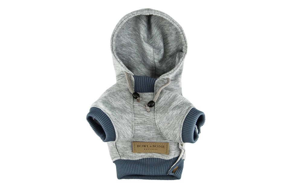 A Bowl&Bone Republic dog hoodie LOVE grey and blue with a zipper.