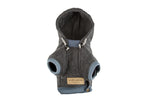 A Bowlandbone Republic dog hoodie YOLO graphite with blue trim.