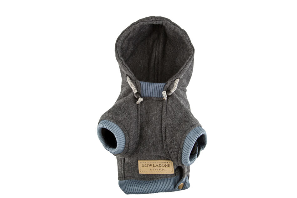 A Bowlandbone Republic dog hoodie YOLO graphite with blue trim.