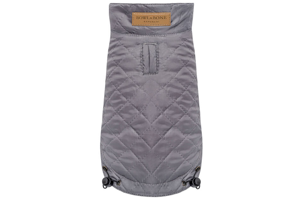 A grey quilted dog jacket with a zipper by Bowl&Bone Republic.