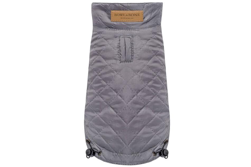 A grey quilted dog jacket with a zipper by Bowl&Bone Republic.