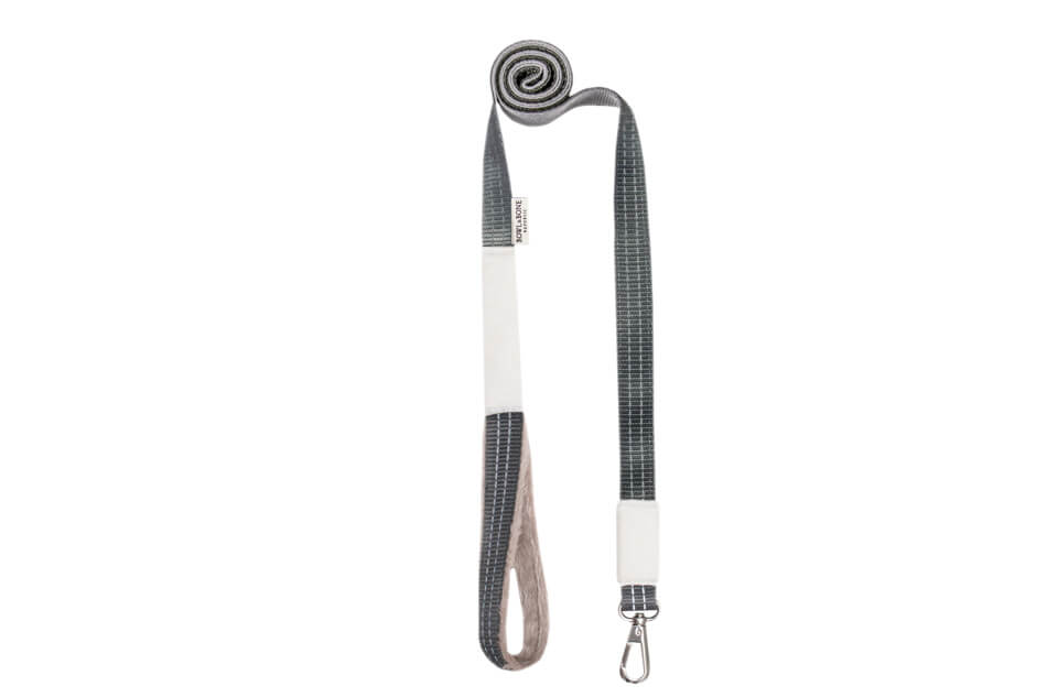 A grey and white Bowl&Bone Republic dog leash with a white handle.