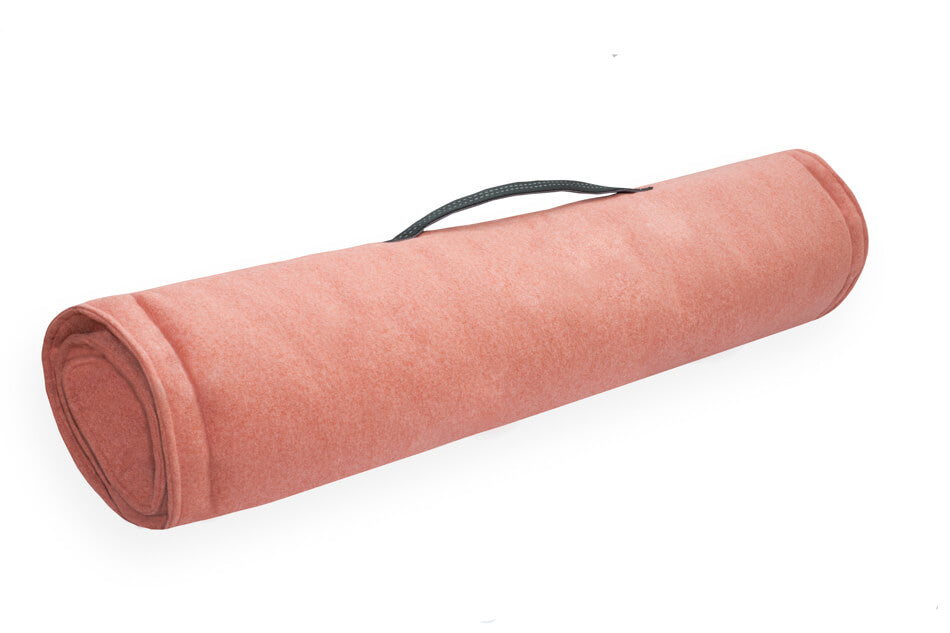 A Bowl&Bone Republic dog mat LOFT coral with a black handle on a white background.