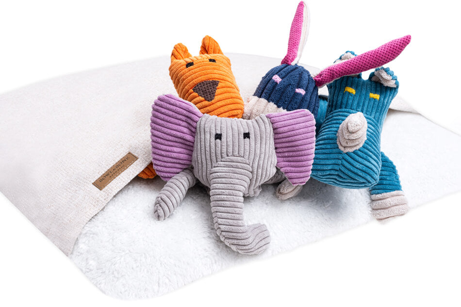 A group of ecru Bowlandbone dog sleeping bags on a pillow.