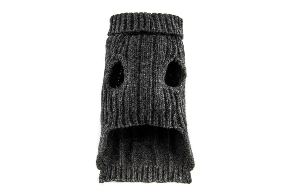 A Bowlandbone Republic ASPEN graphite dog sweater with a hole in the middle.