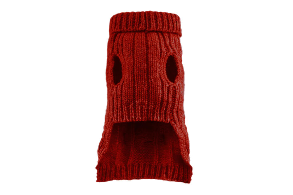 A Bowlandbone Republic red dog sweater with a hole in the middle.