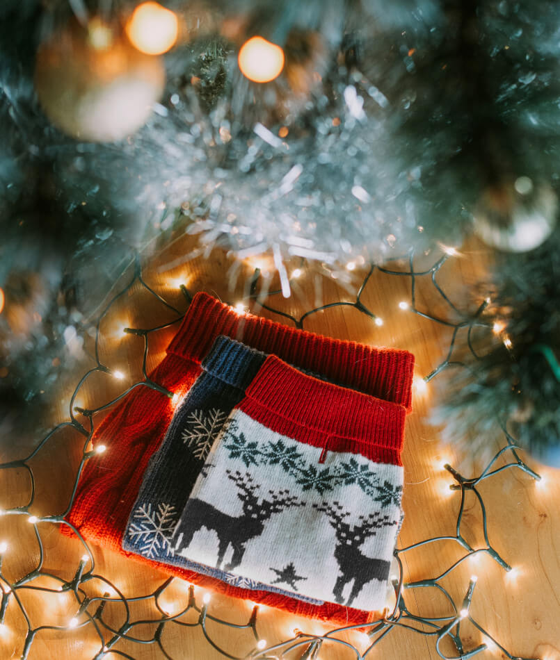 A Bowl&Bone Republic dog sweater Snowflake on a table next to a Christmas tree.