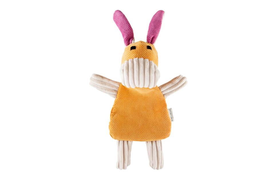 A small Bowl&Bone Republic BAX toy with a pink and orange stripe.