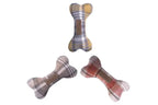 Three Bowl&Bone Republic plaid dog toy BONE toys on a white surface.
