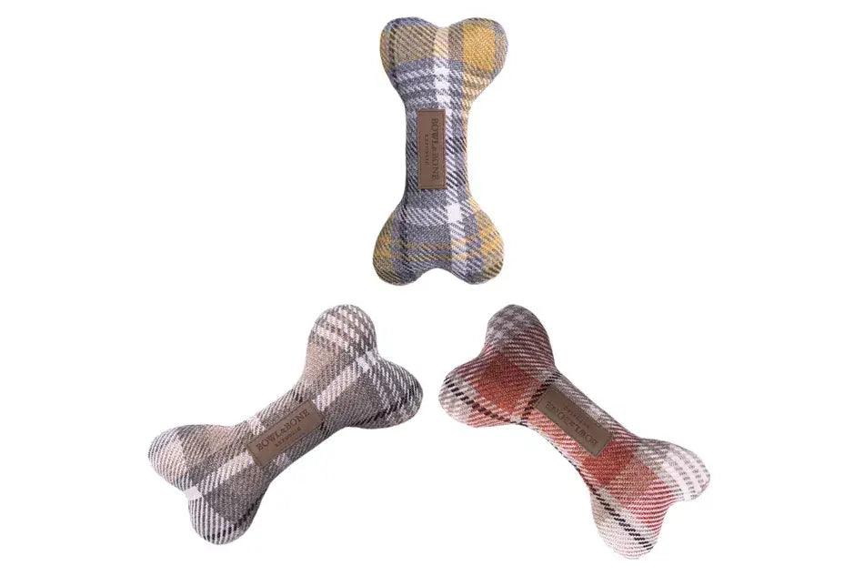 Three Bowl&Bone Republic plaid dog toy BONE toys on a white surface.