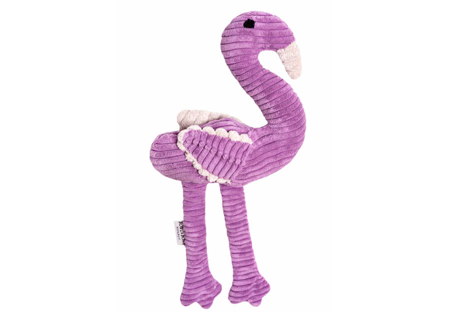 A purple dog toy FLAMINGO by Bowl&Bone Republic on a white background.
