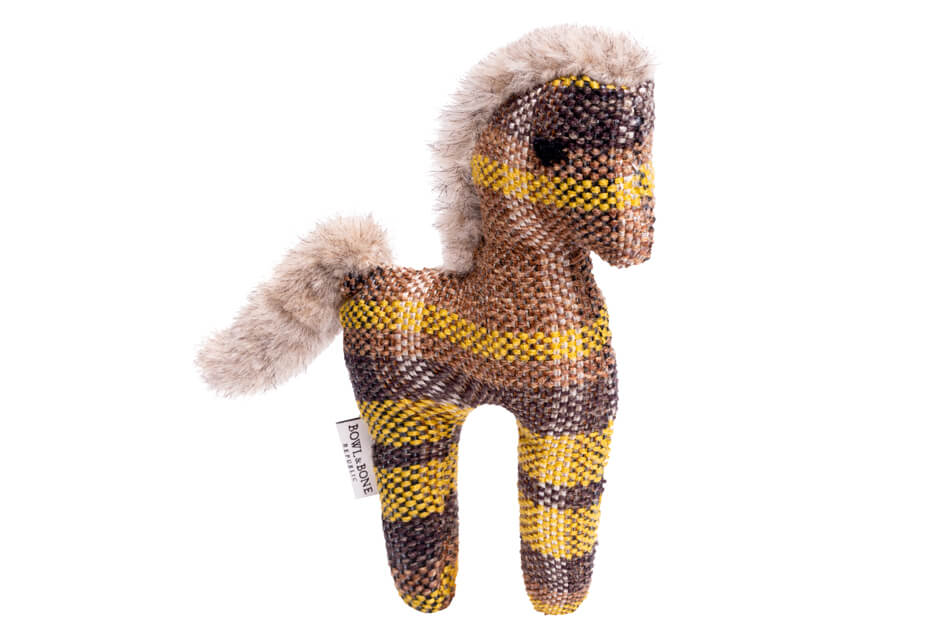 A dog toy PONY with a brown and yellow stripe by Bowl&Bone.