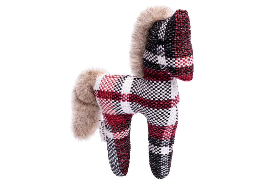 A dog toy UNICORN with a red and black plaid pattern by Bowl&Bone Republic.