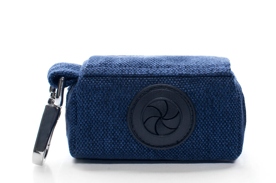 A Bowlandbone MINI navy pouch dog waste bag holder with a key ring attached, from Bowl&Bone Republic.