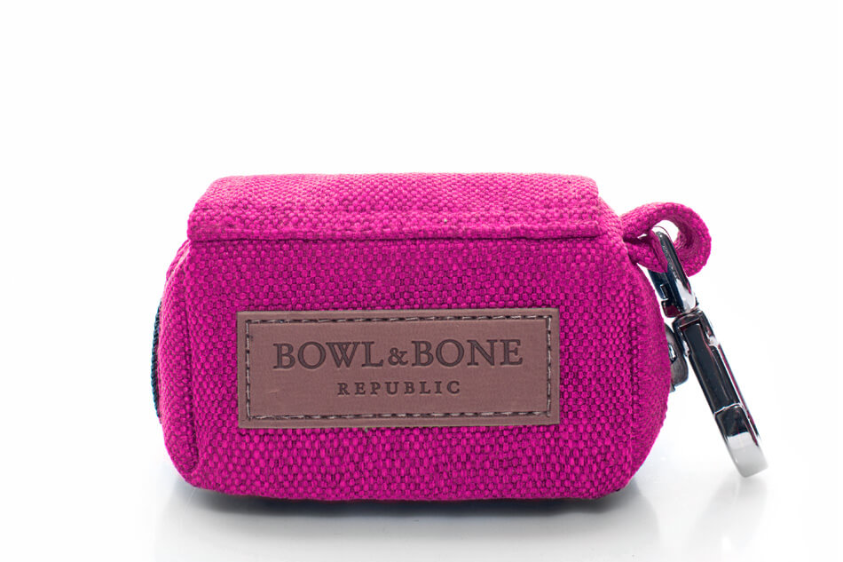 Bowlandbone MINI dog waste bag holder in pink, inspired by Bowl&Bone Republic.